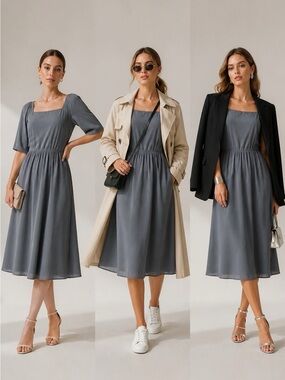 Elegant Slate Gray Square-Neck Maxi Dress